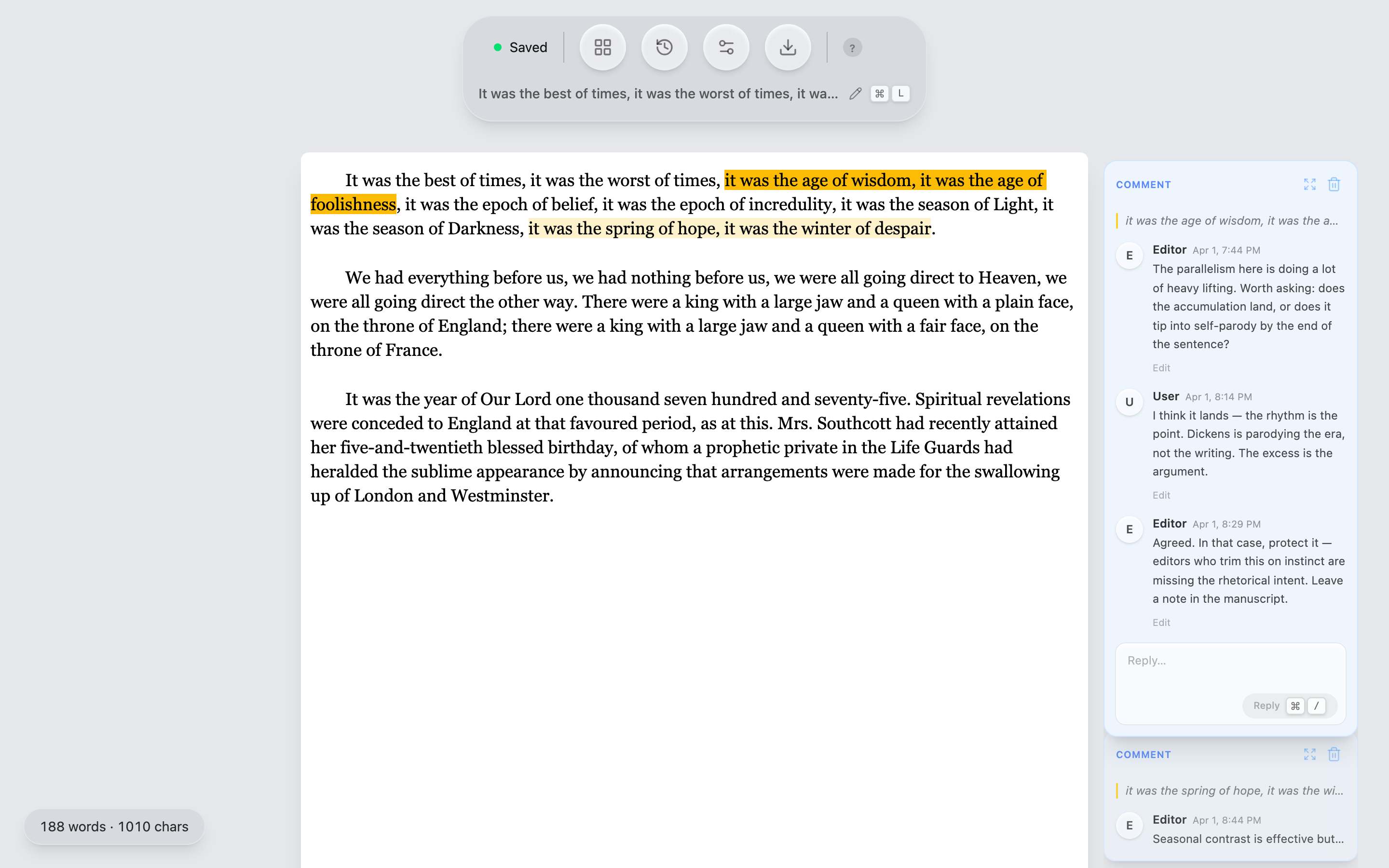 An active comment thread in the annotation sidebar