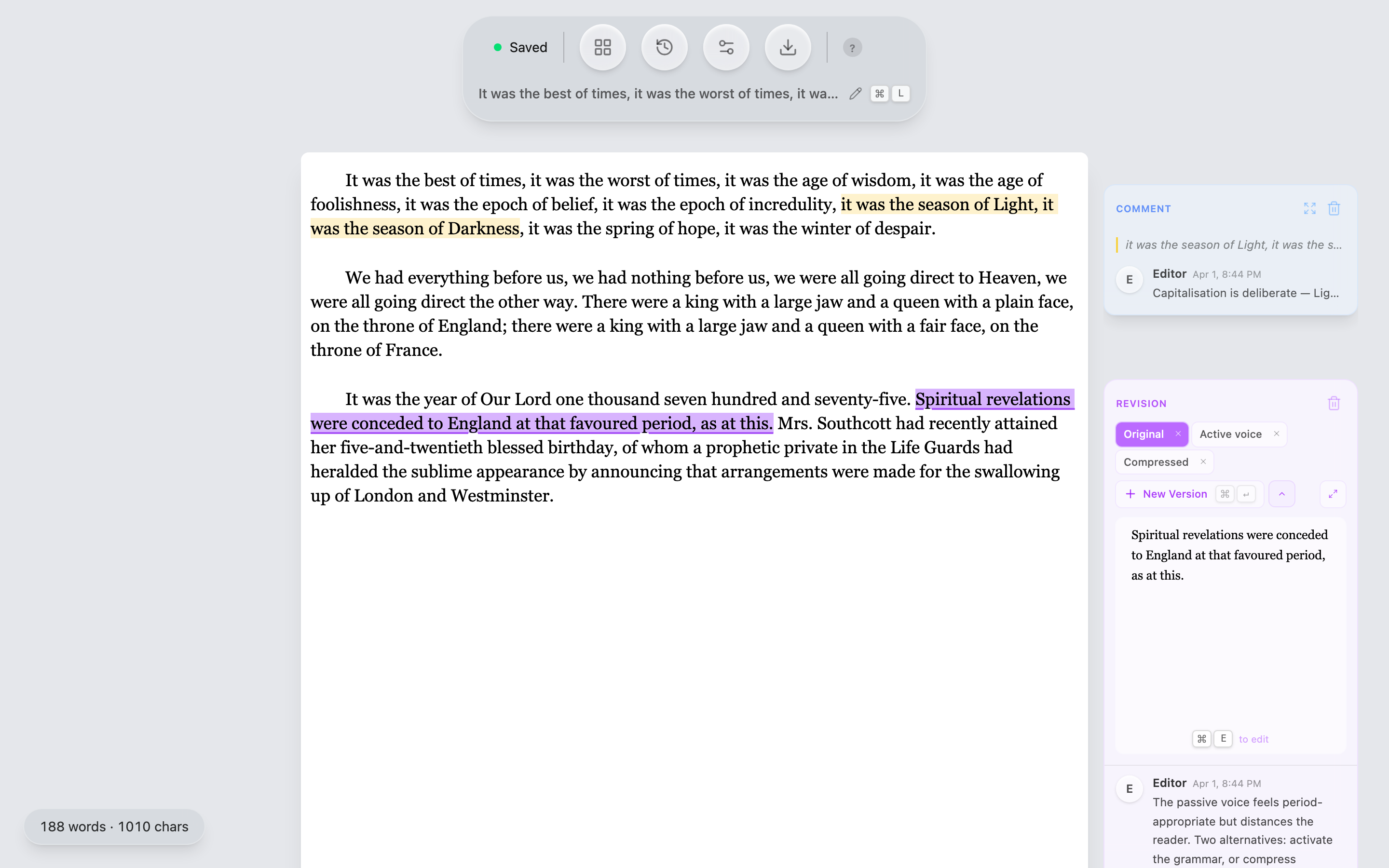 An active revision thread in the annotation sidebar