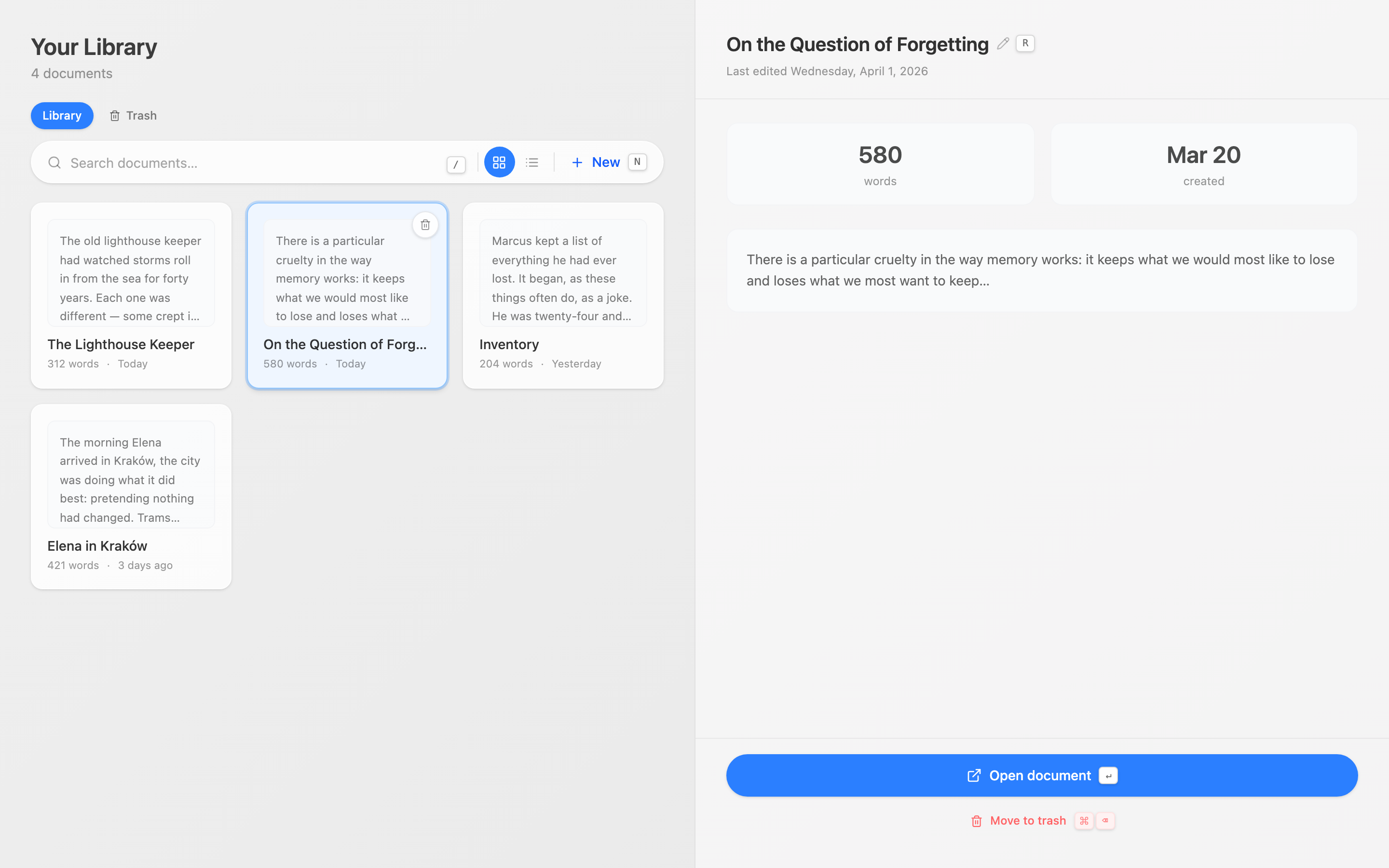 The library sidebar, showing all documents in the library