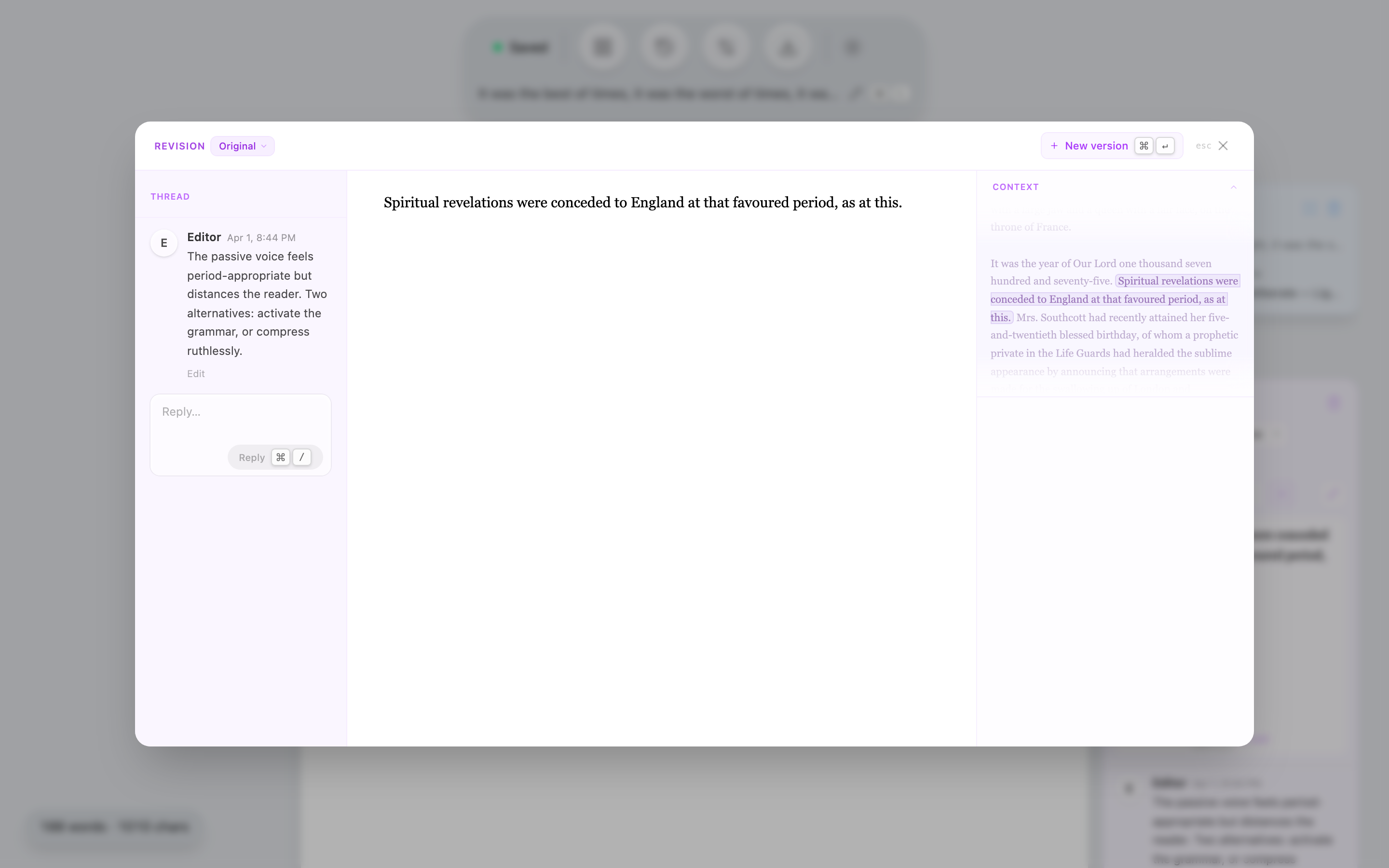 Revision modal with the context sidebar