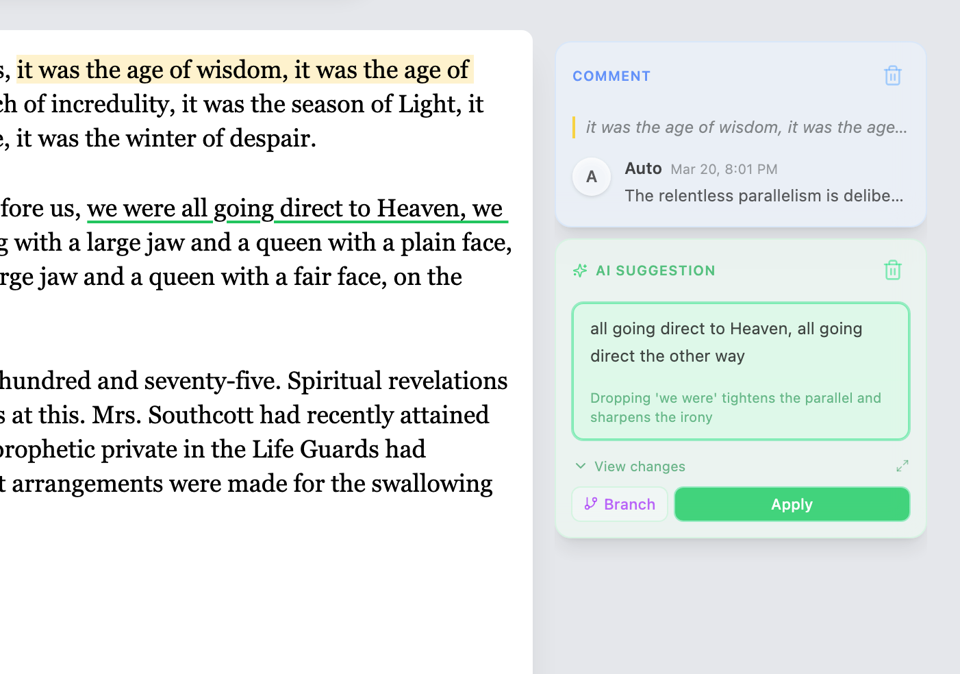 Quillium AI annotation panel providing inline writing feedback