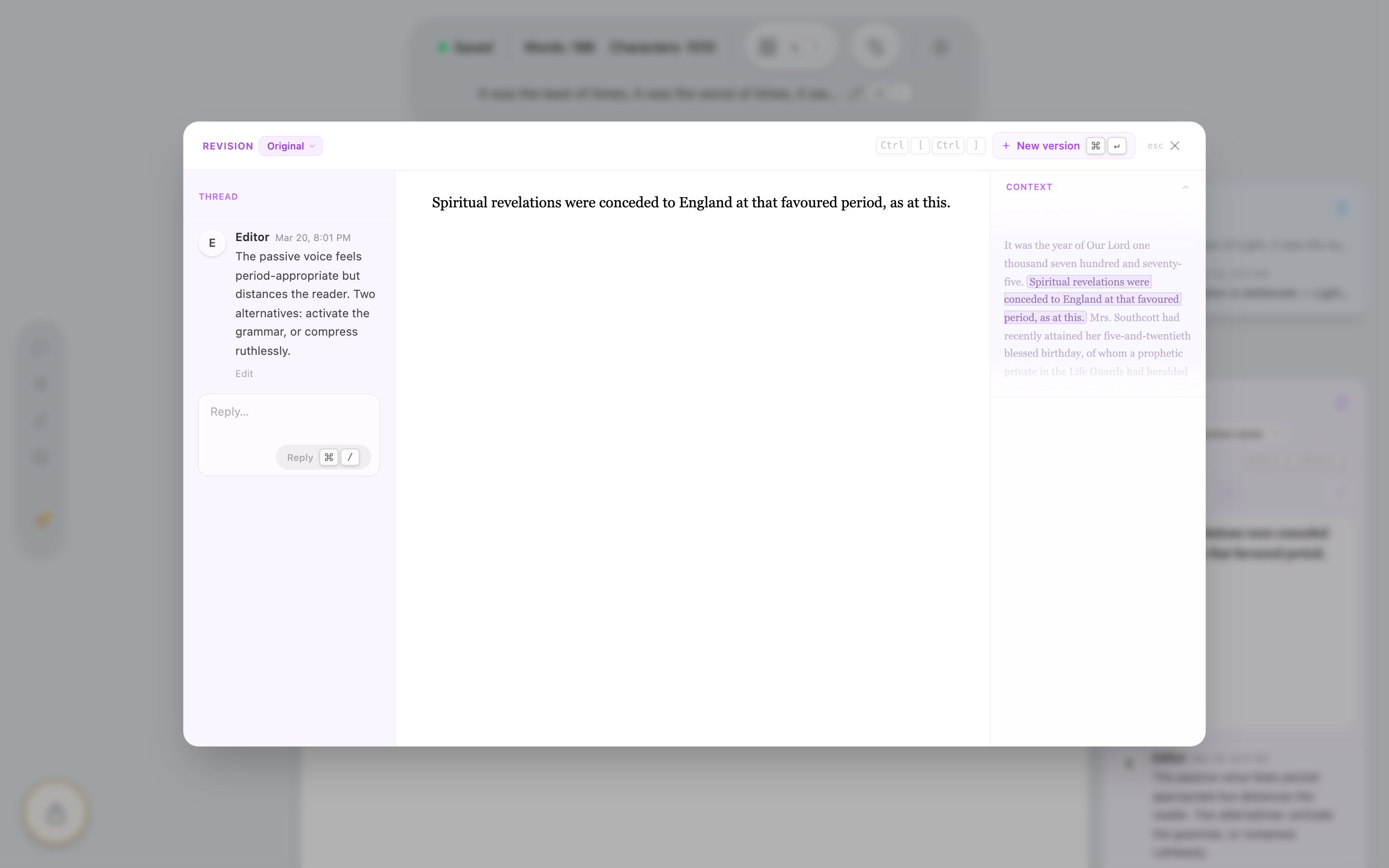 Revision modal with AI feedback and context sidebar