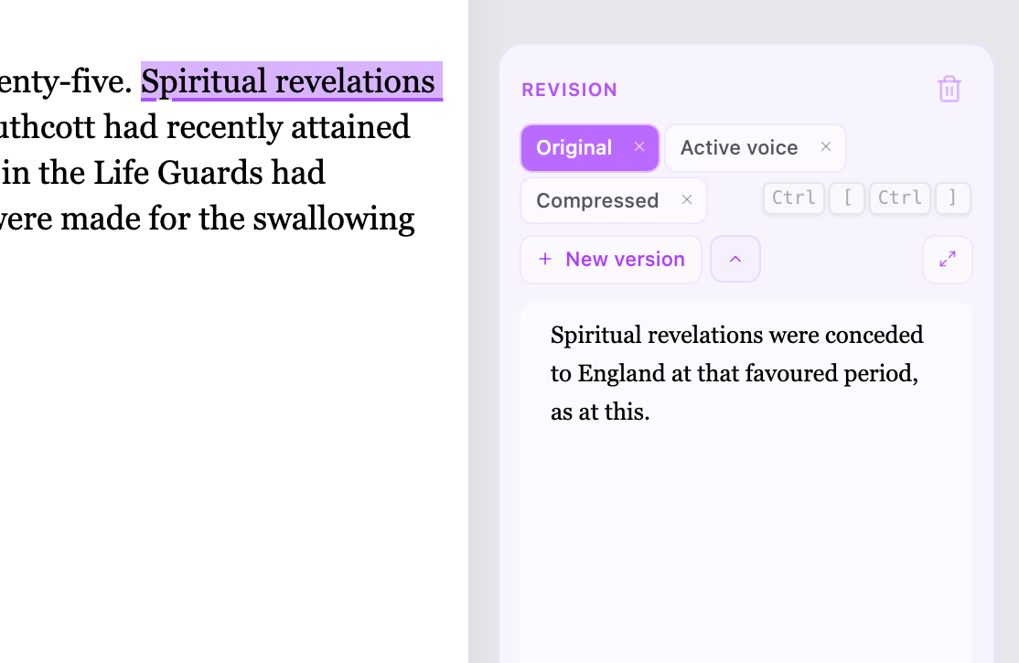 Quillium revision branches UI showing inline version control for prose